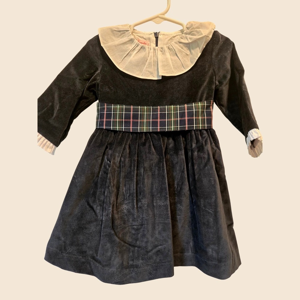 La Coqueta Kids Navy Velvet Plaid Sash Ruffle Collar Dress Made in Spain 3Y